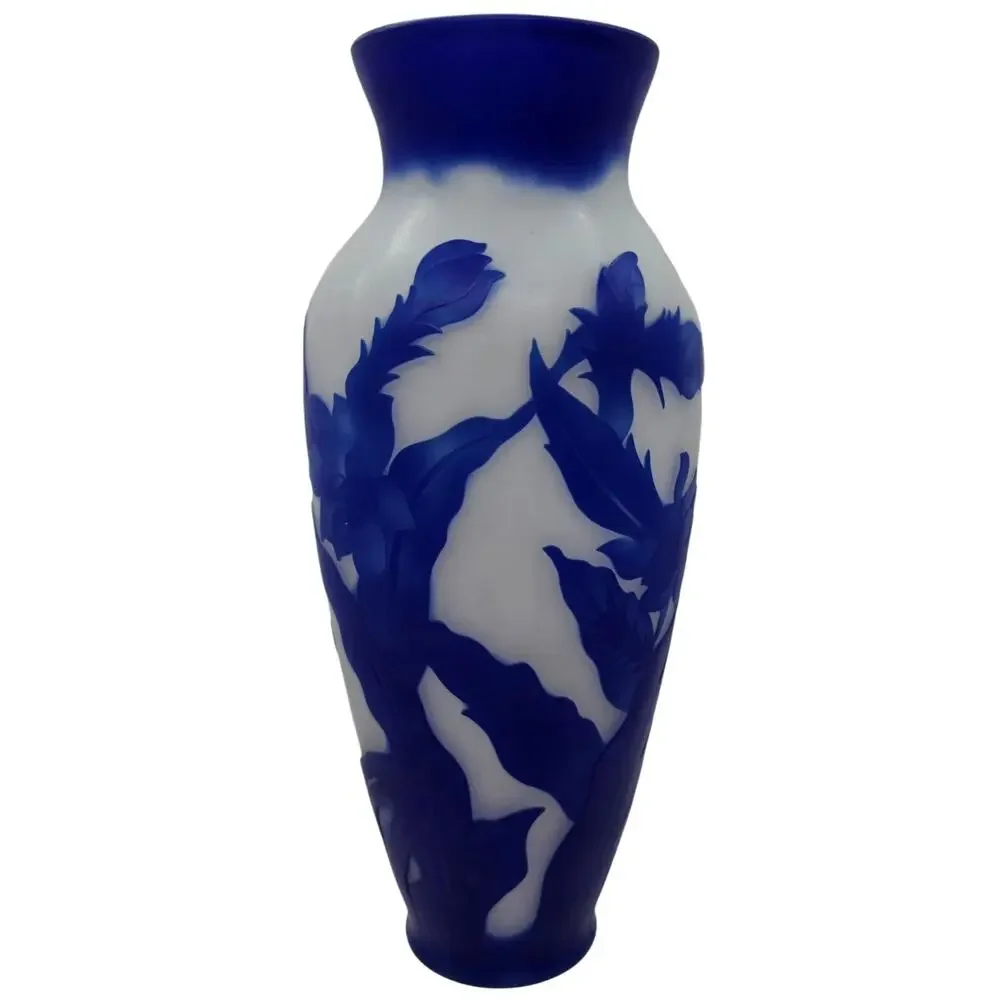 REPRODUCTION GALLE WHITE AND BLUE FLORAL CAMEO VASE 11 1/2